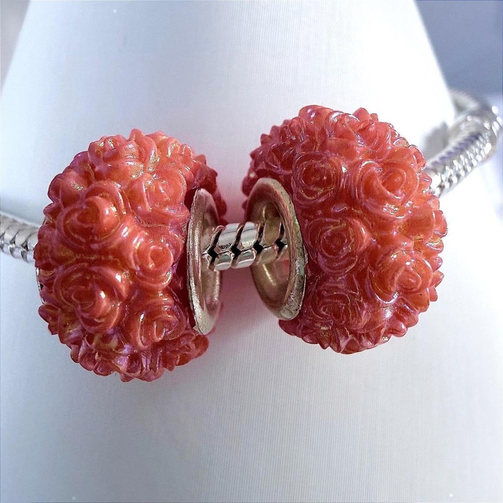 2PC Orange Rose Clusters Silver Bead Charm Fits Snake Chain Bracelet